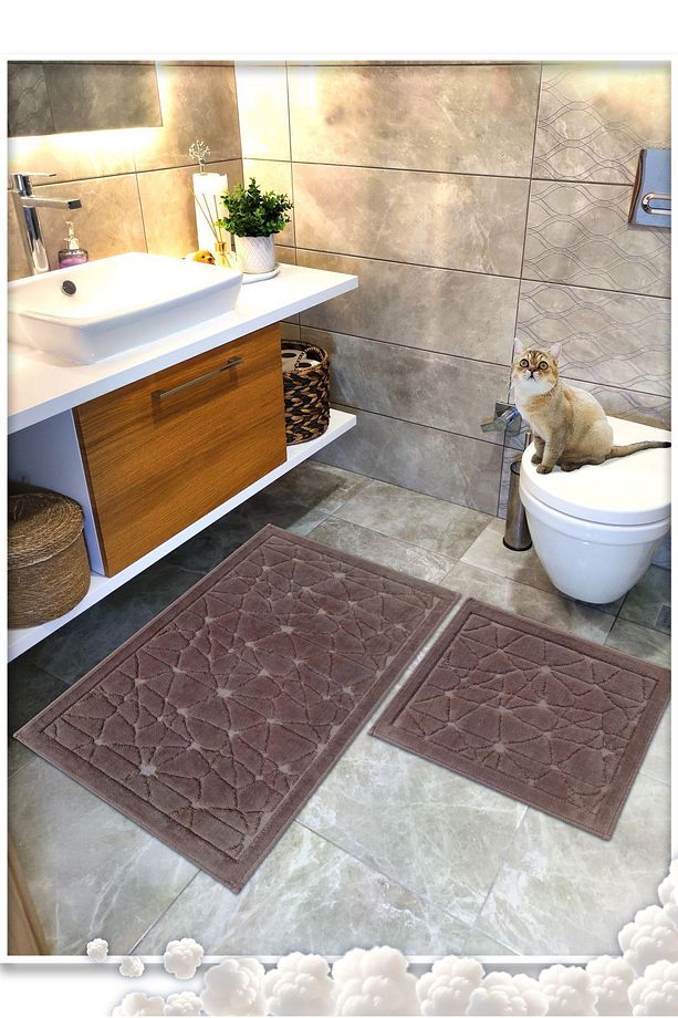 Pamuk Dokuma Banyo Paspas Seti, Banyo Halısı Cam 2 Li Set 60x100 - 60x50 Kahve - 1