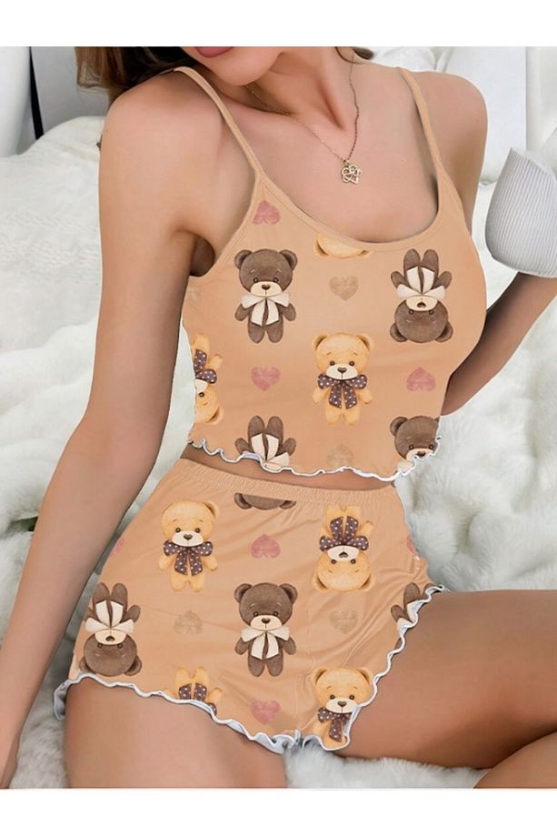 Kadın Askılı Şort Takım CoffeeWithMilkBear4 - 1