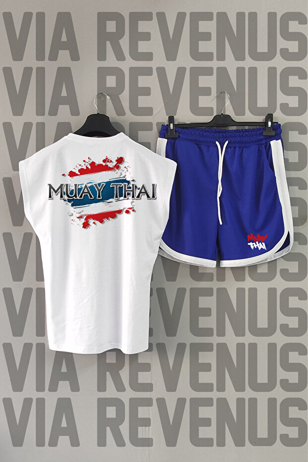 Muay Thai Back Printed White Zero Sleeve Sport Tshirt and Blue Shorts Sport Set