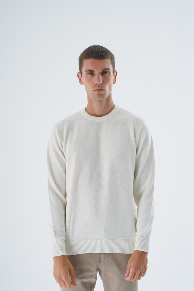 Ecru Men's 100% Cotton Crew Neck Knit Sweater Trıst-1194