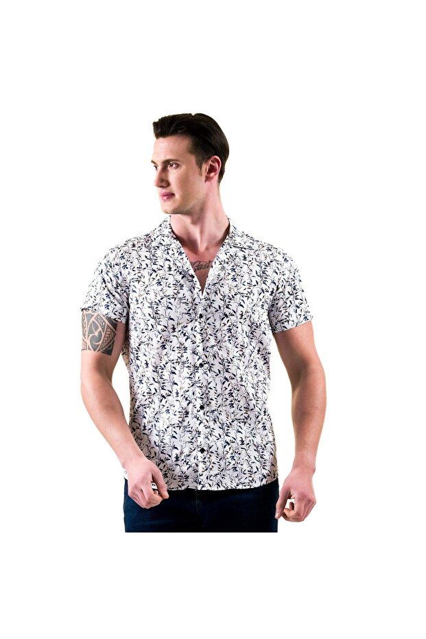 Brown Navy Blue Floral Printed Cotton Hawaiian Crochet Collar Short Sleeve Summer Shirt on White