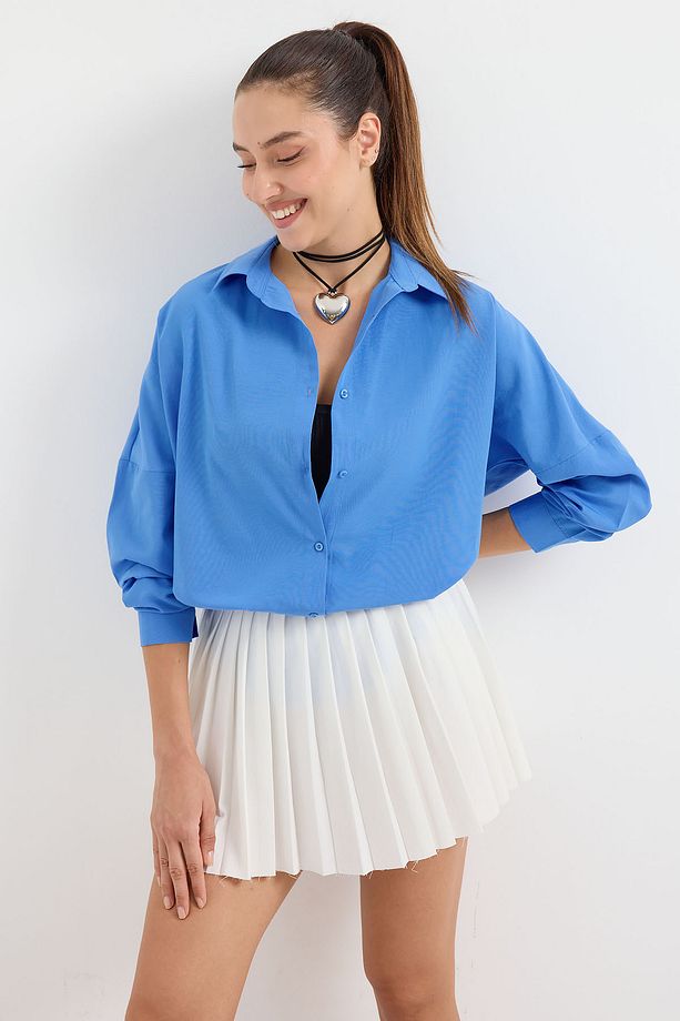 3900 Oversize Uzun Basic Gömlek - Koyu Mavi - 3