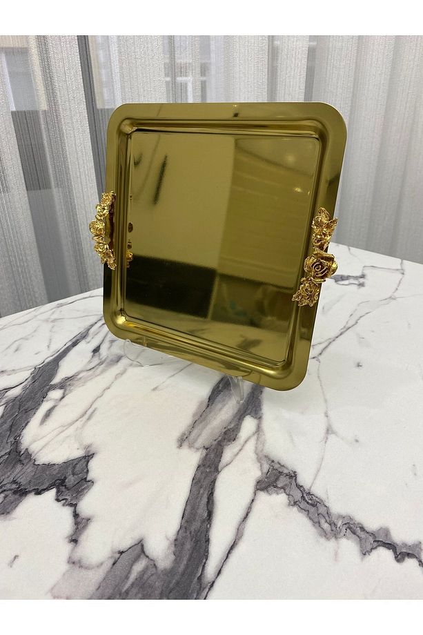 1 Adet Lüx 4 Köşesi Kalın Kulp Gold Kare Kaplama Model Çay,kahve,ikram Servis Sunum Tepsisi 21x21 - 1