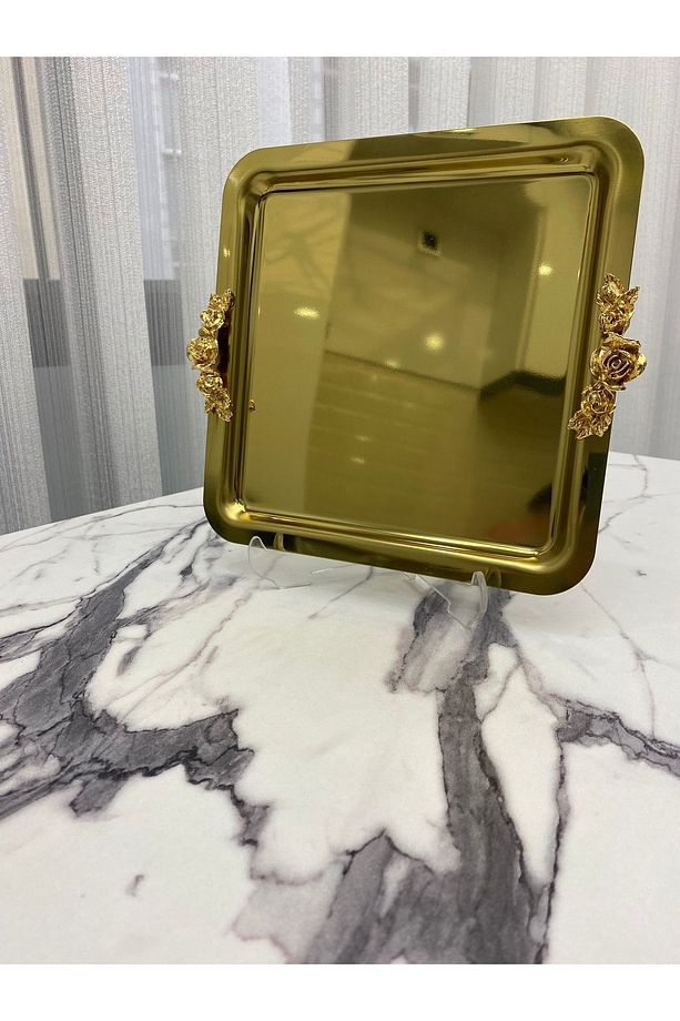 1 Adet Lüx 4 Köşesi Kalın Kulp Gold Kare Kaplama Model Çay,kahve,ikram Servis Sunum Tepsisi 21x21 - 2