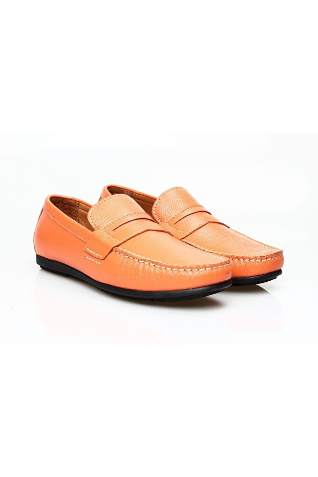 Orange Color Laceless Genuine Leather Men's Shoes