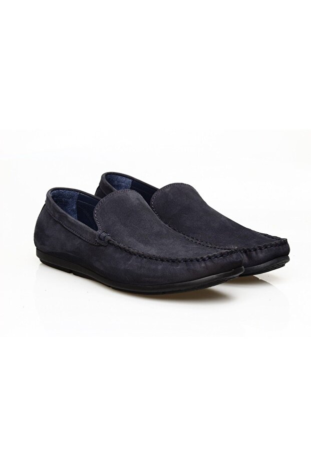 Navy Blue Suede Laceless Genuine Leather Men's Shoes