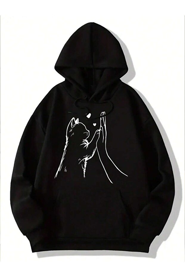 Cat Friendly Hand Printed Oversized Hooded Sweatshirt
