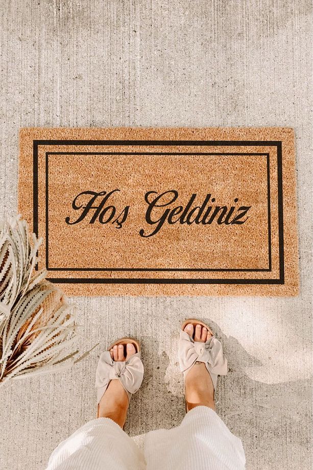 Çerçeveli Hoş Geldiniz Kapı Önü Paspası Koko Kıl Paspas Baskılı Paspas Kalın Dış Kapı Paspası - 1
