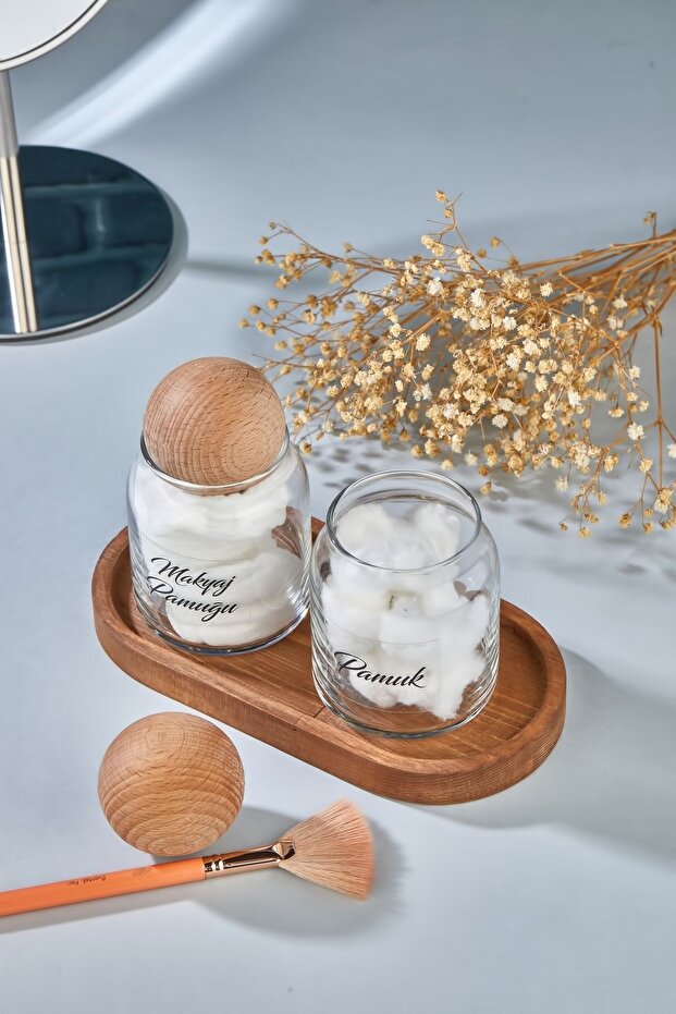 2'li Ahşap Standlı Top Kapaklı Makyaj Pamuğu & Pamuk Organizeri 300 Ml - 3