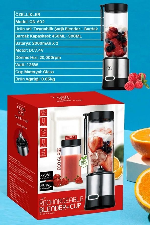 Taşınabilir Şarjlı Metal Kişişel Blender 450Ml + 380Ml - 3