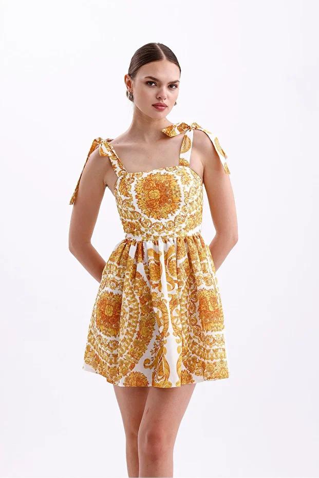 Sarı Desenli Keten Mini Elbise - 4