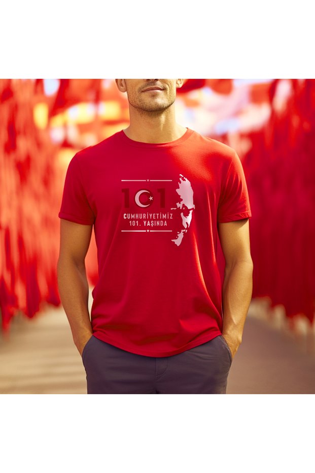 101st Anniversary Atatürk Special Design Printed Crew Neck 100% Cotton T-Shirt for Ages 9-16, Red