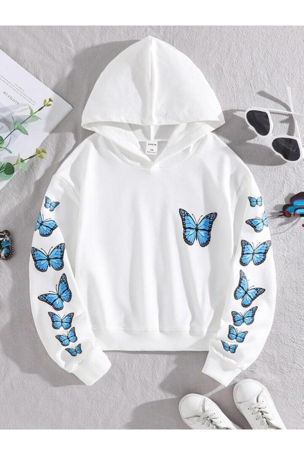 Butterfly Printed Children's Sweatshirt - Oversize Winter Hooded Hoodie