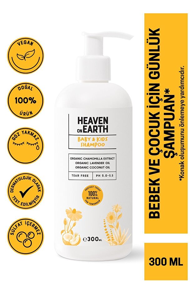 Heaven on Earth Bebek Çocuk Saç-Vücut Şampuanı Konak Önleyici %100 Doğal Organik Papatya Vegan Parabensiz-300 ml