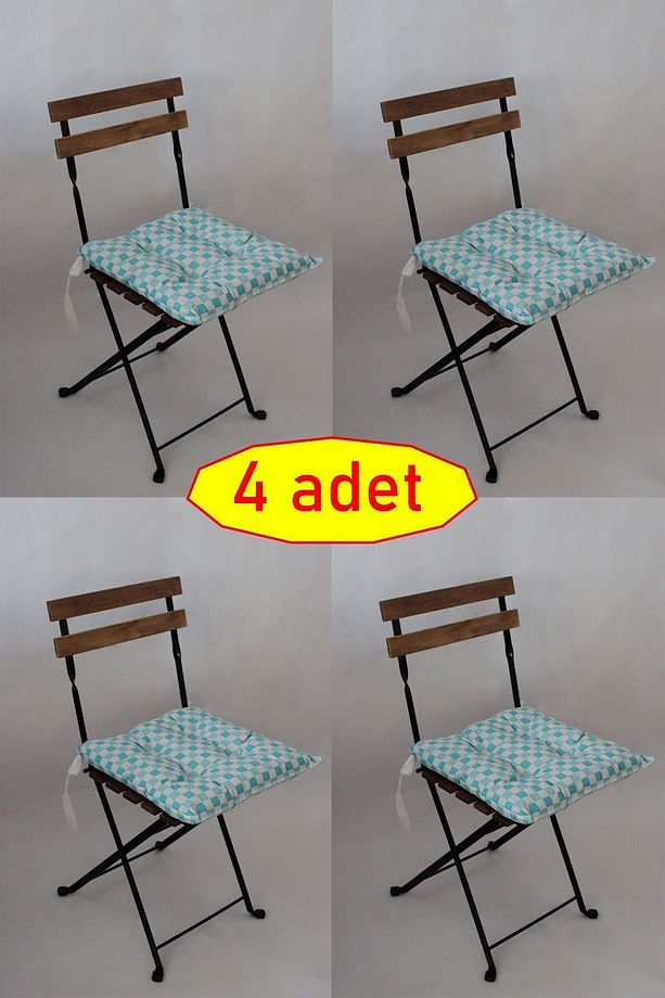 4 Adet Dekoratif Pofidik Sandalye Minderi Bağcıklı 40x40 (KARE-MAVİ) - 1