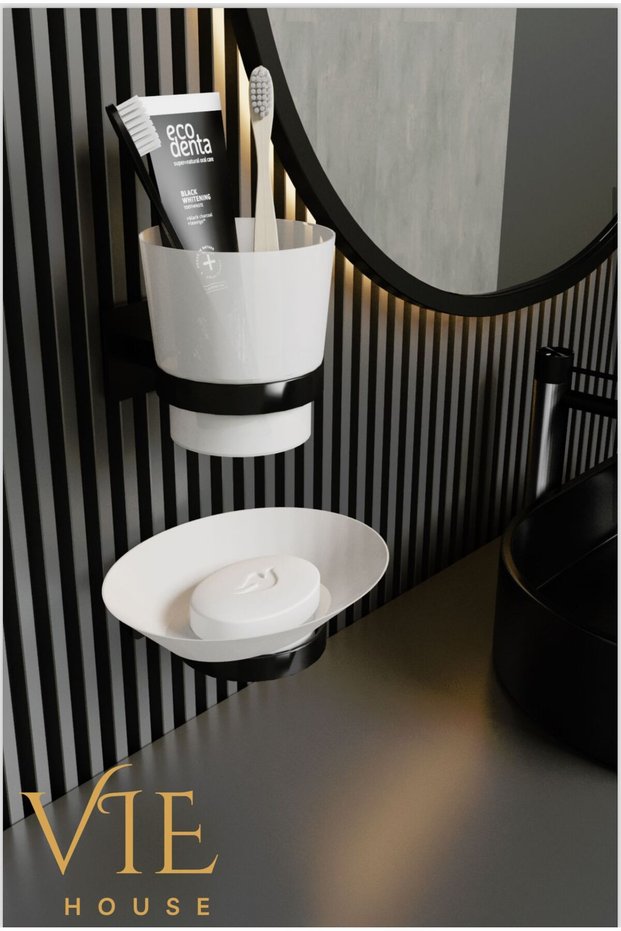 Black Toothbrush with Soap Dispenser - Strong Adhesive, Set of 2