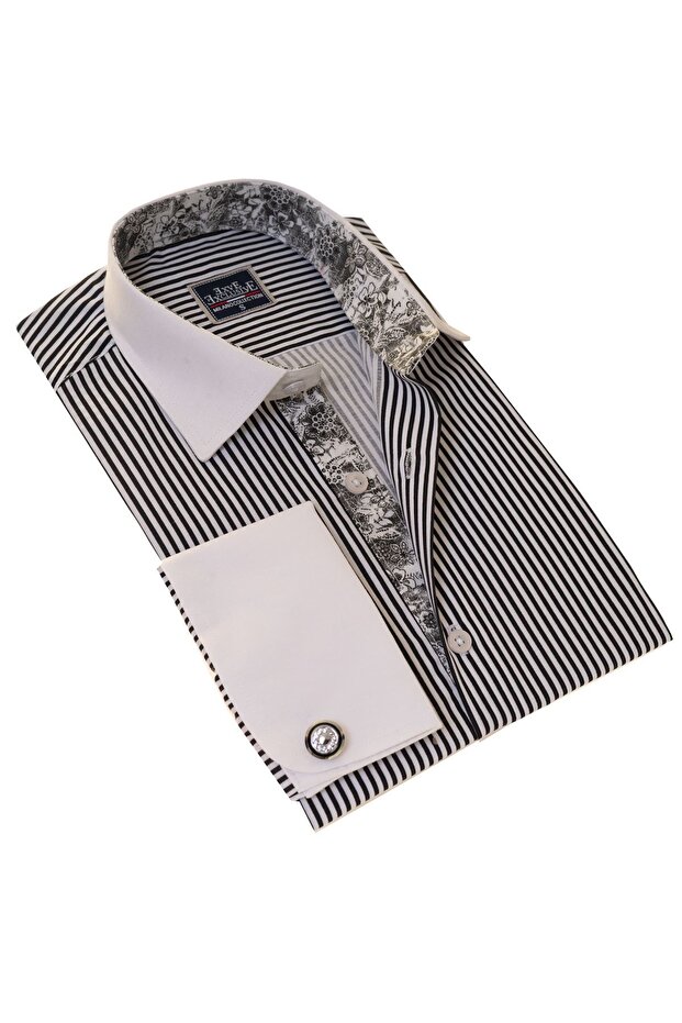 Black and White Striped Chest and Collar Detailed French Double Cuff Sleeve Button Boxed Shirt