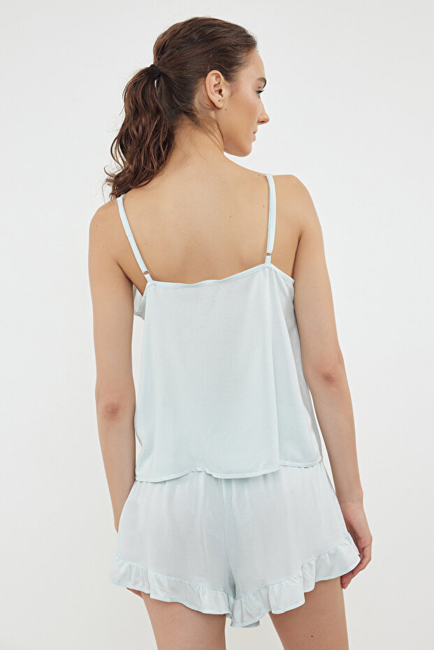 Mavi Kiraz Nakışlı Fırfırlı İp Askılı Viskon Şortlu Dokuma Pijama Takımı THMSS24PT00195 - 5