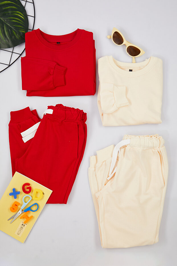 Kırmızı-Ekru Kız Çocuk Pamuklu Basic 23 Nisan İnceÖrme 4'lü Sweatshirt- Eşofman Alt-Üst Takım - 8