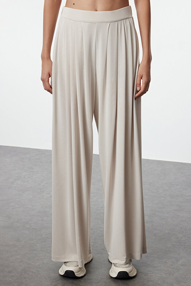Taş Pilili Wide Leg/Rahat Kesim Esnek Modal Örme Pantolon TWOAW25PL00073 - 4
