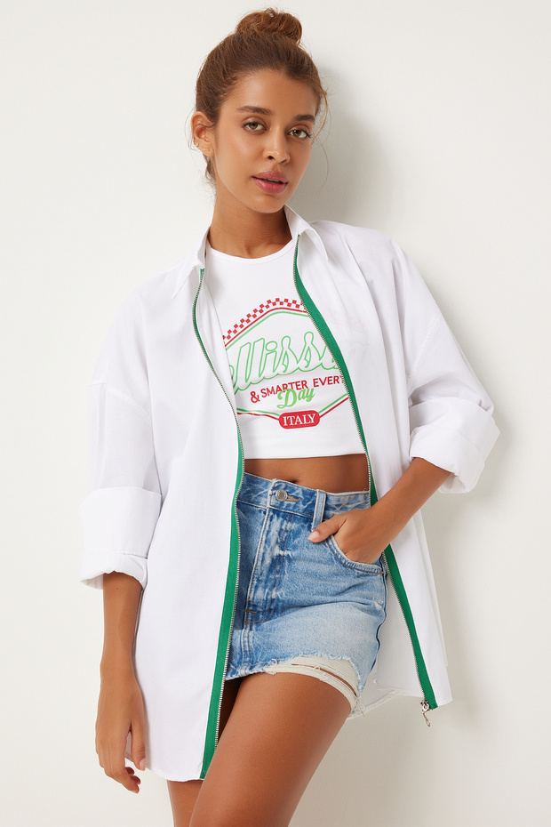 Women's White Green Contrast Stripe Zipper Oversize Shirt Fn03263