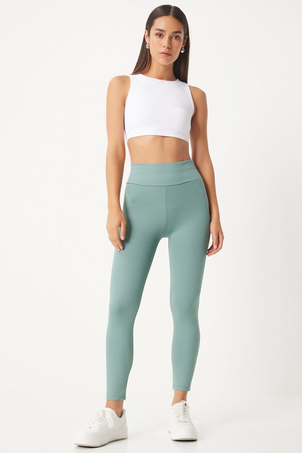 Women's Green High Waist Ribbed Knitted Leggings ZV00208