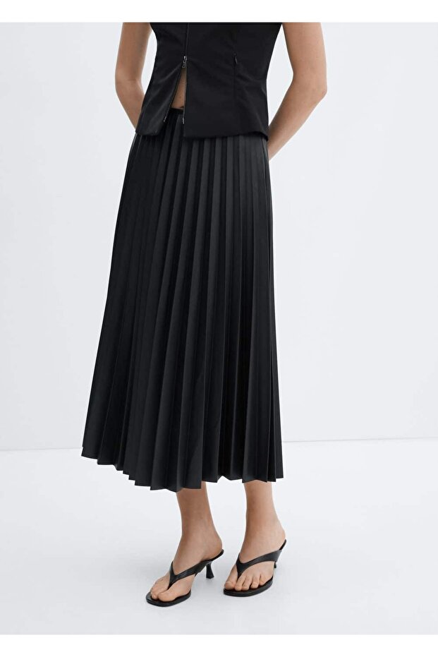 Deri görünümlü pilili etek - 1