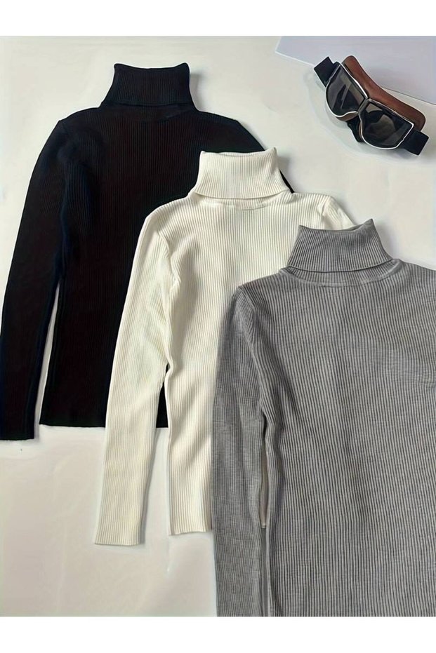 3-Pack Women's Turtleneck Black White Gray Cotton Jacquard Camisole Ribbed Sweater