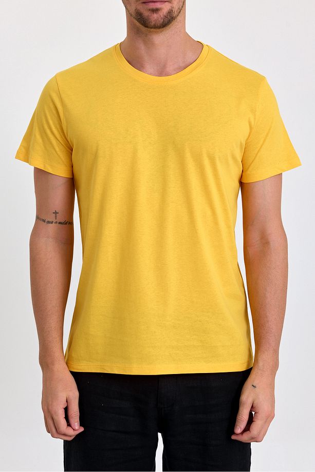 Erkek Slim Fit %100 Pamuk Bisiklet Yaka Basic Tişört SARI - 3