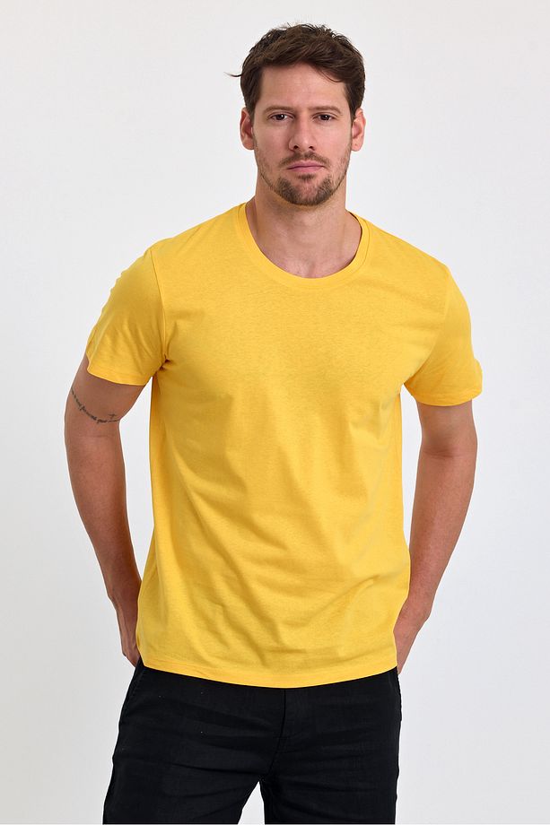 Erkek Slim Fit %100 Pamuk Bisiklet Yaka Basic Tişört SARI - 4