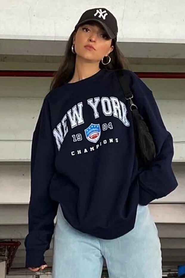 Navy Blue New York Printed Crew Neck Oversize Sweatshirt