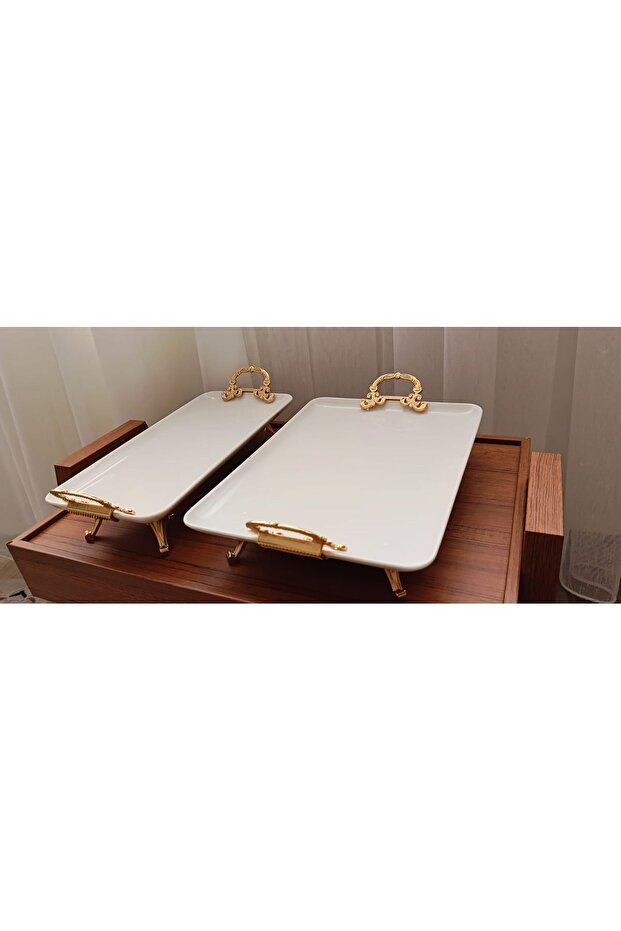 2-Piece Porcelain Rectangular Presentation Holder - Metal Leg and Gilt Cookie Holder