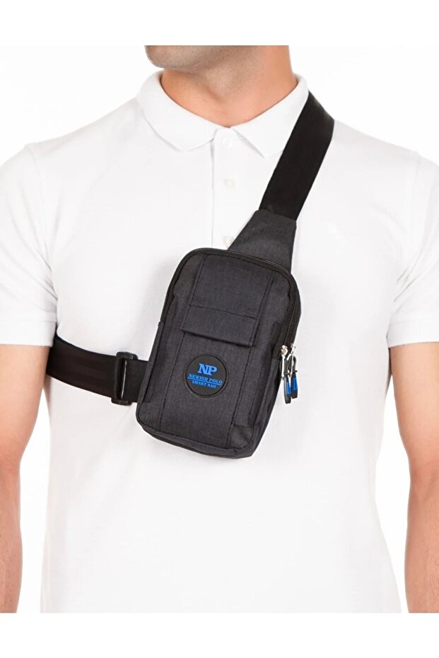 Black Linen Fabric Belgrat Cross Chest and Shoulder Bag with Phone Compartment