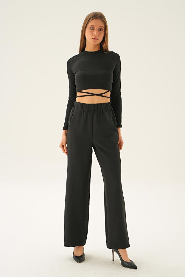 بنطلون أسود واسع - 6318A مع جيوب - 1