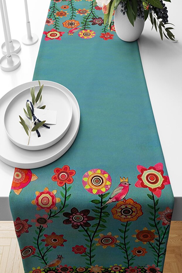 Mandala Embroidered Flower Pattern - Stain Resistant Fabric Living Room Kitchen Table Runner