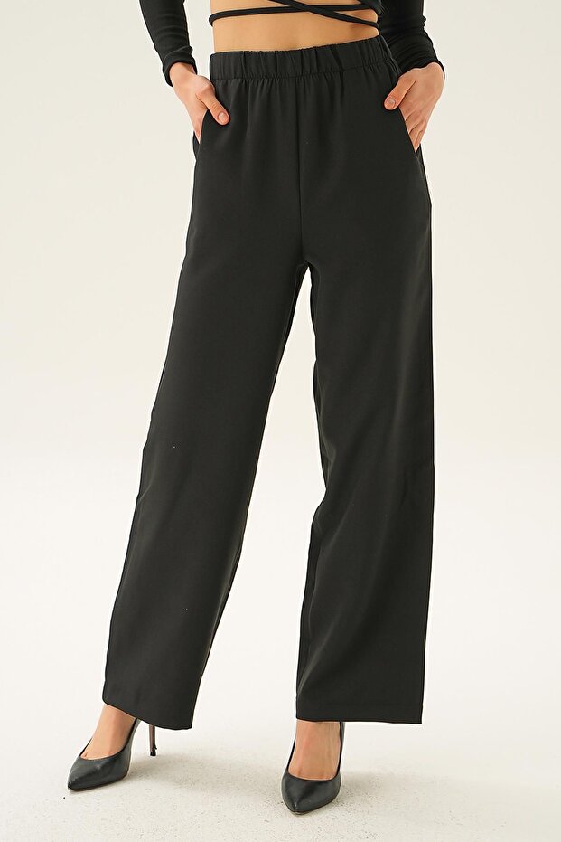 بنطلون أسود واسع - 6318A مع جيوب - 4
