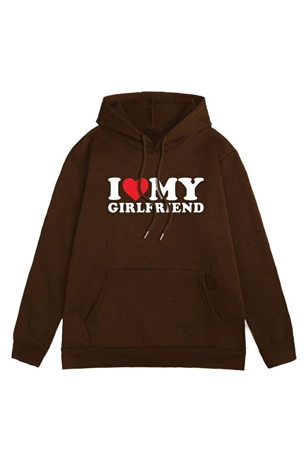 Unisex "I Love My Girlfriend" Printed Oversized Winter 3-Thread 100% Cotton Hooded Sweatshirt Hoodie