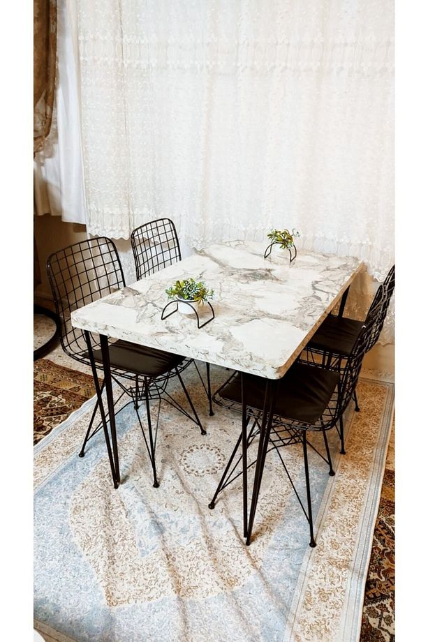 Yemek Masası Mutfak Masa 4 Kişilik Tel Sandalye Yeni Model Sandalye 70/110 Masa Ve 4 Adet Sandalya - 1