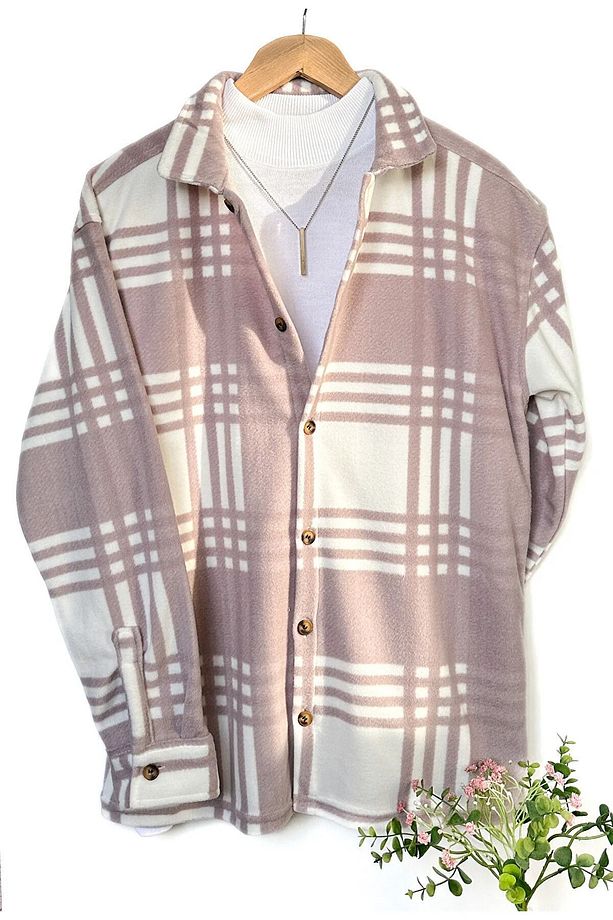 Unisex Pembe Oversize Kışlık Desenli Polar Gömlek - 1