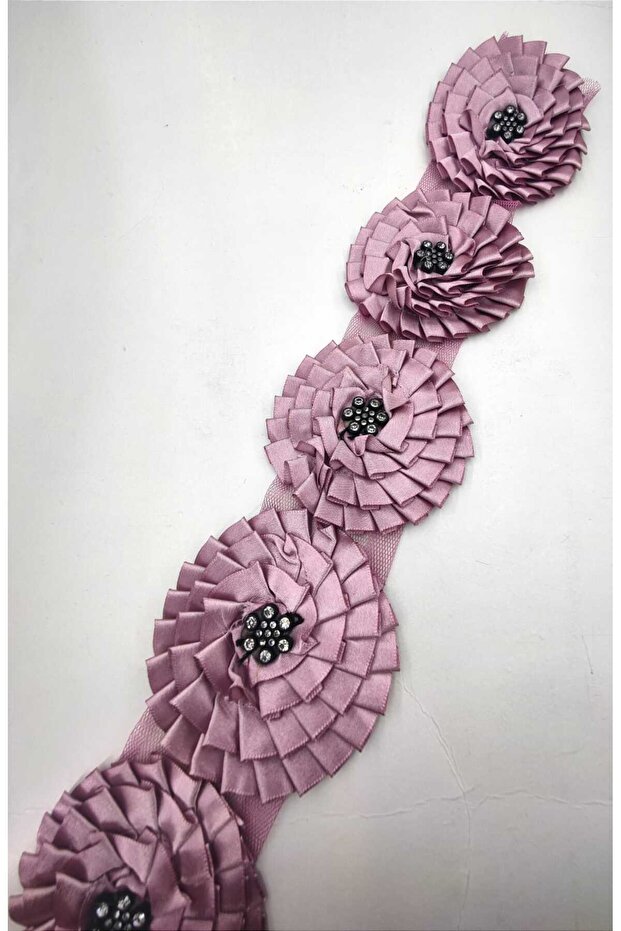 Satin Ribbon, Stoned Flower Applique, Dowry and Bundle Decoration, 8 cm Width / 8 cm Length (5 Pieces)
