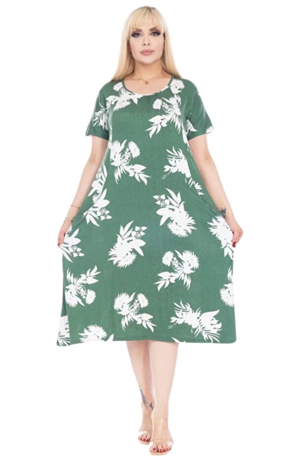 Women's Loose Fit Short Sleeve Green Leaf Pattern Large Size Dress