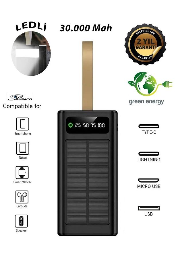 30.000mah Led Ekran Göstergeli Led Işıklı Powerbank Batarya Şarj Aleti 4xusb Çıkışlı Typc Lightning - 1