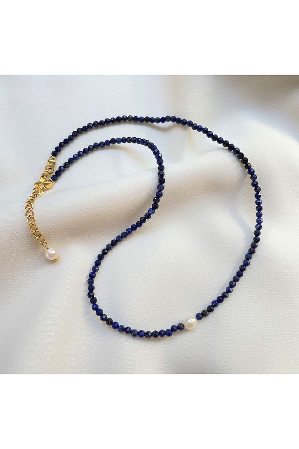 İnci Detaylı Mini Lapis Lazuli Taşlı Kolye - 2