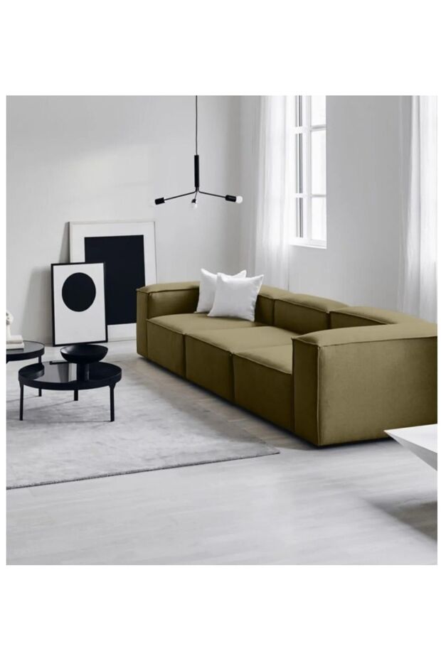 Erduran Mobilya Angelo 3 Modül Modüler Koltuk Üçlü Kanepe Keten Kumaş Yağ Yeşil - 4