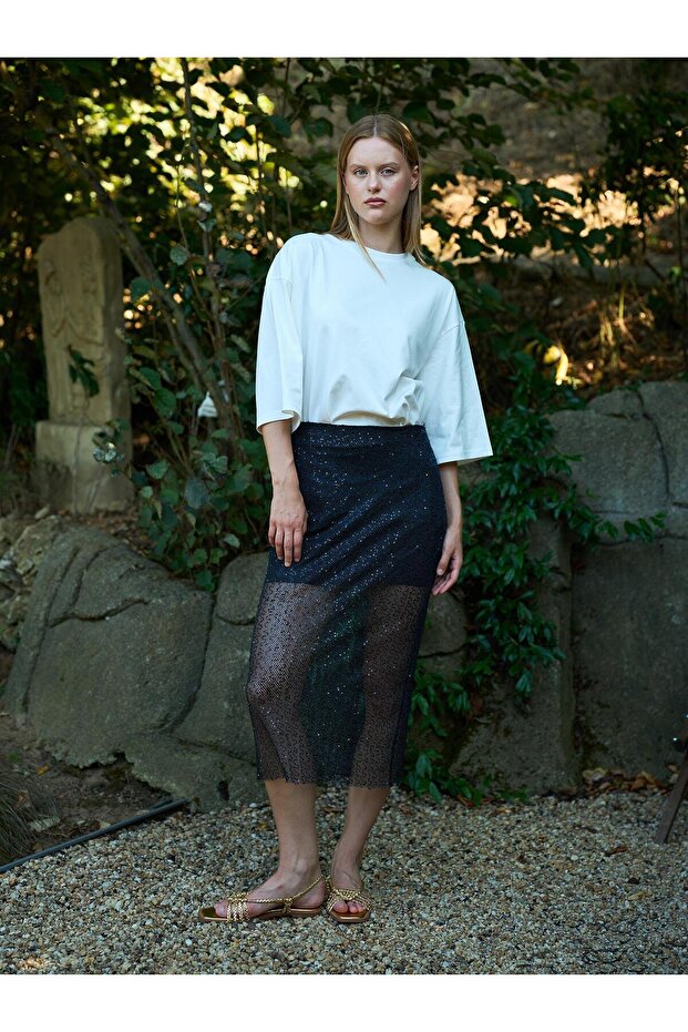 Payetli Midi Etek Antrasit - 1