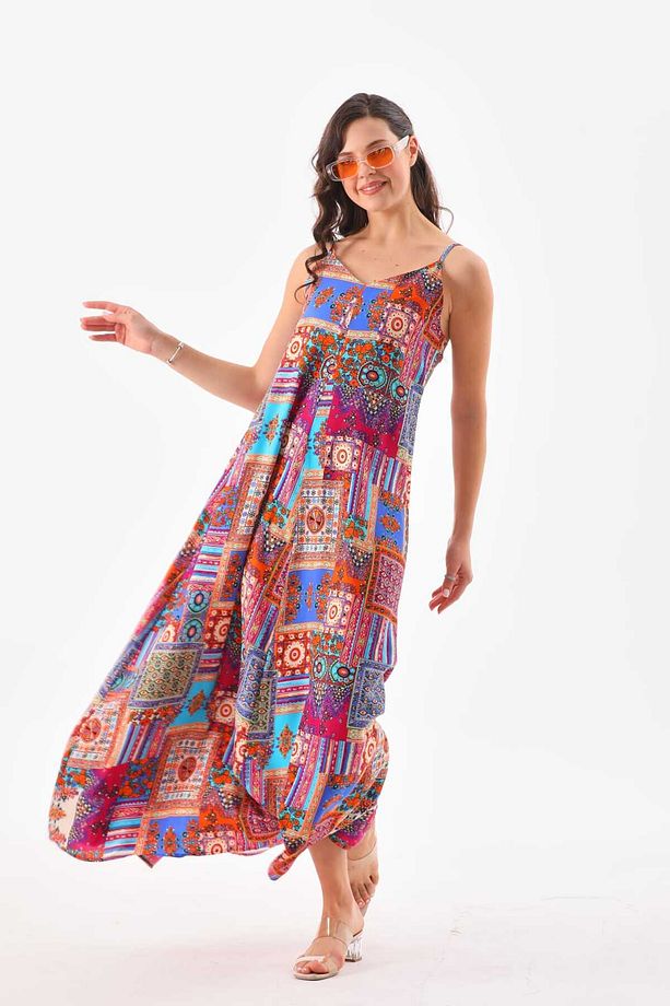 Patchwork Düz Askılı Elbise - 9