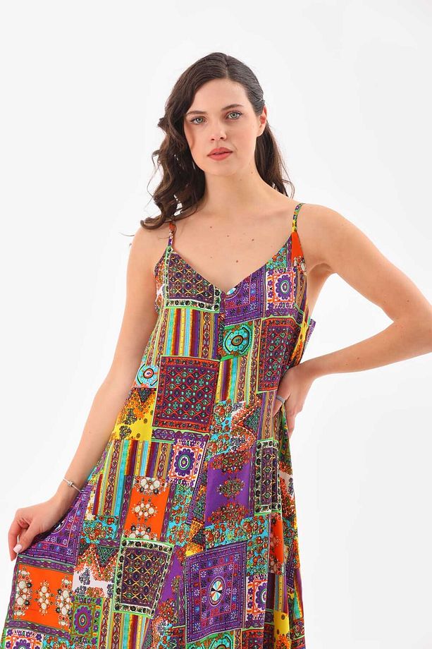 Patchwork Düz Askılı Elbise - 6