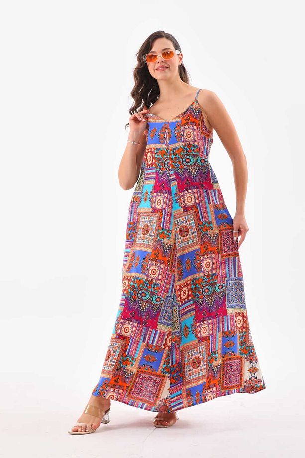 Patchwork Düz Askılı Elbise - 7
