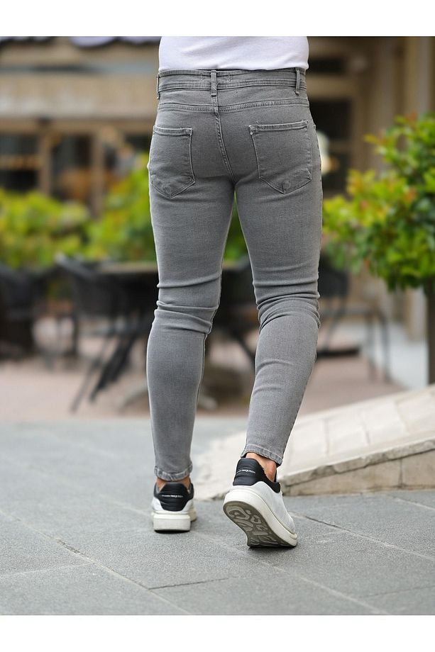Erkek Esnek Basic Yüksek Bel Gri Dar Kot Pantolon - 4