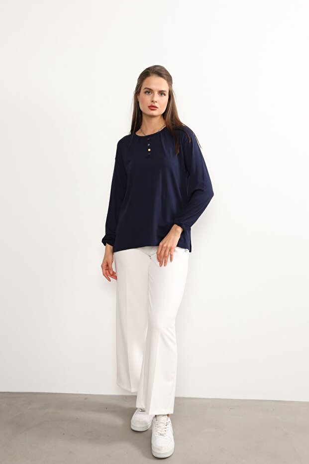 Women's Lycra Mid-Age and Above Four Seasons Navy Blue Mother's Combed Cotton Blouse with Button Pattern and Elastic Sleeves